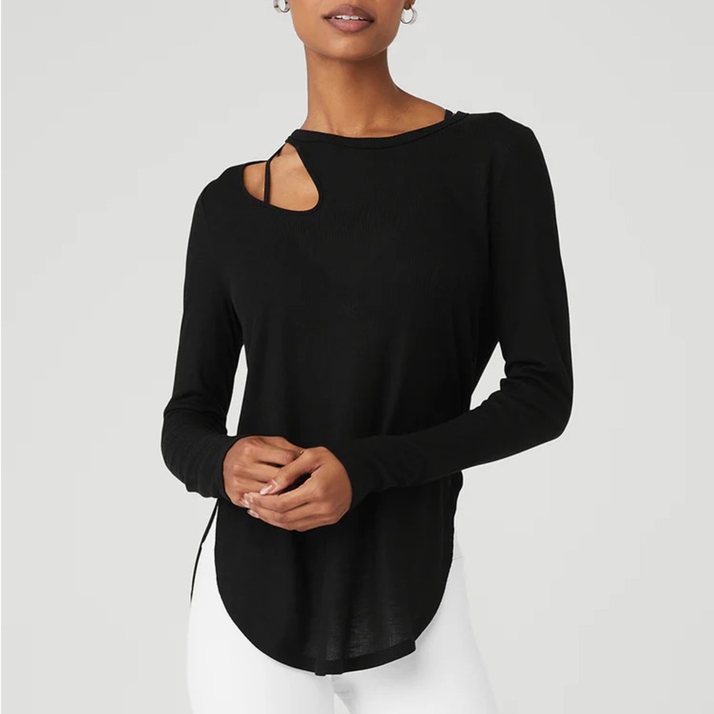 Alo Yoga Ribbed Shoulder Cutout Long Sleeve Top XS – Black 🖤